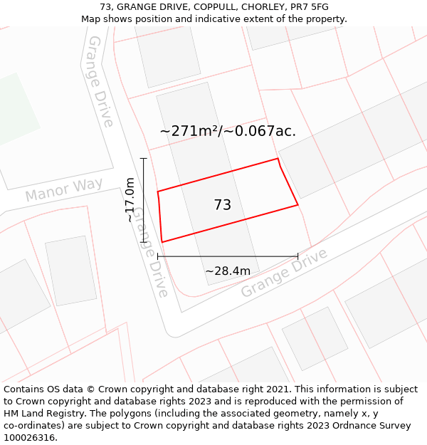 73, GRANGE DRIVE, COPPULL, CHORLEY, PR7 5FG: Plot and title map