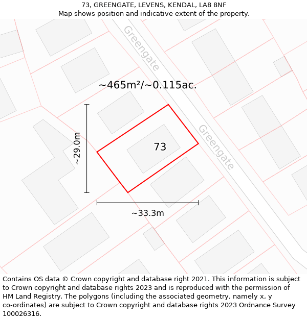 73, GREENGATE, LEVENS, KENDAL, LA8 8NF: Plot and title map