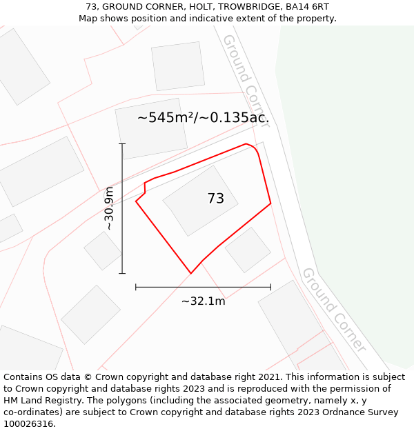 73, GROUND CORNER, HOLT, TROWBRIDGE, BA14 6RT: Plot and title map