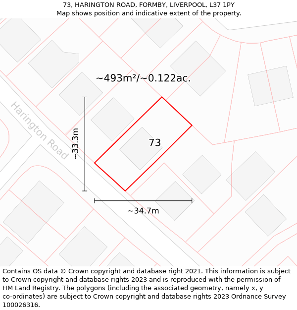 73, HARINGTON ROAD, FORMBY, LIVERPOOL, L37 1PY: Plot and title map