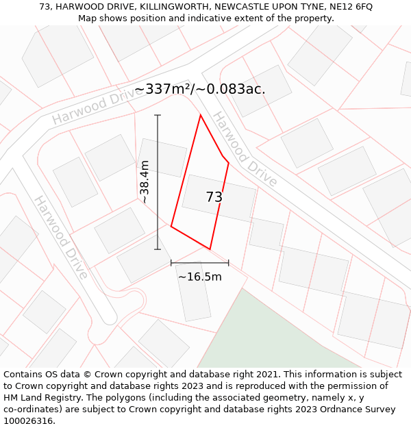 73, HARWOOD DRIVE, KILLINGWORTH, NEWCASTLE UPON TYNE, NE12 6FQ: Plot and title map