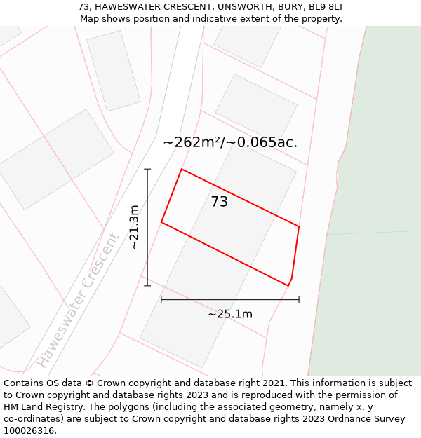 73, HAWESWATER CRESCENT, UNSWORTH, BURY, BL9 8LT: Plot and title map
