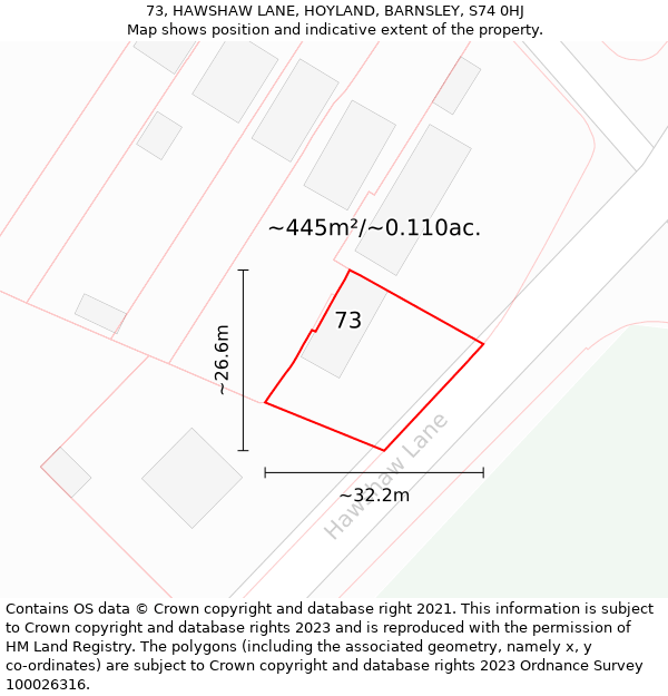 73, HAWSHAW LANE, HOYLAND, BARNSLEY, S74 0HJ: Plot and title map