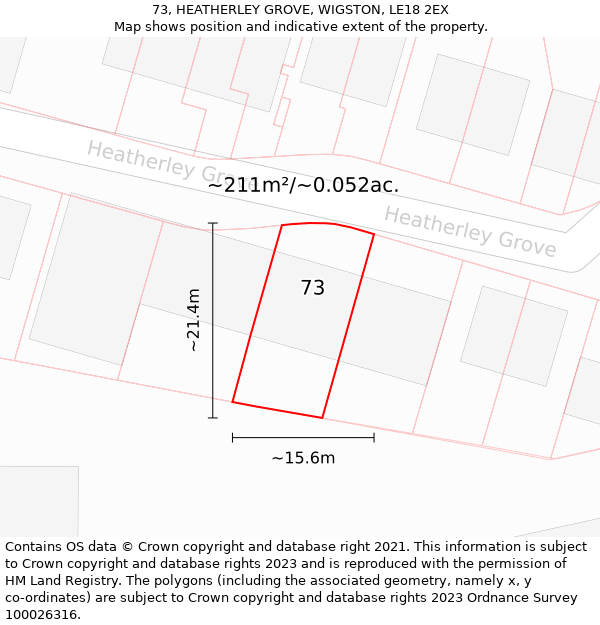 73, HEATHERLEY GROVE, WIGSTON, LE18 2EX: Plot and title map