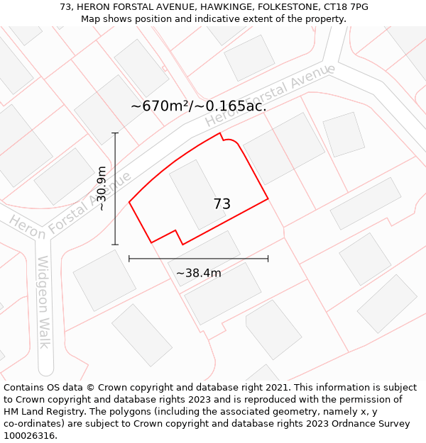 73, HERON FORSTAL AVENUE, HAWKINGE, FOLKESTONE, CT18 7PG: Plot and title map