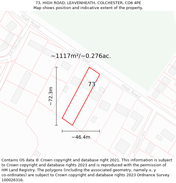 73, HIGH ROAD, LEAVENHEATH, COLCHESTER, CO6 4PE: Plot and title map