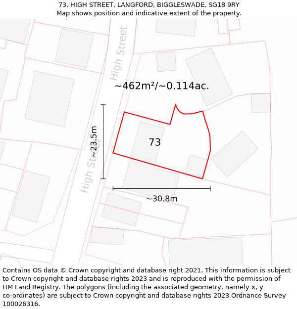 73, HIGH STREET, LANGFORD, BIGGLESWADE, SG18 9RY: Plot and title map