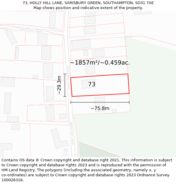 73, HOLLY HILL LANE, SARISBURY GREEN, SOUTHAMPTON, SO31 7AE: Plot and title map