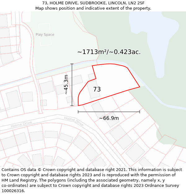 73, HOLME DRIVE, SUDBROOKE, LINCOLN, LN2 2SF: Plot and title map