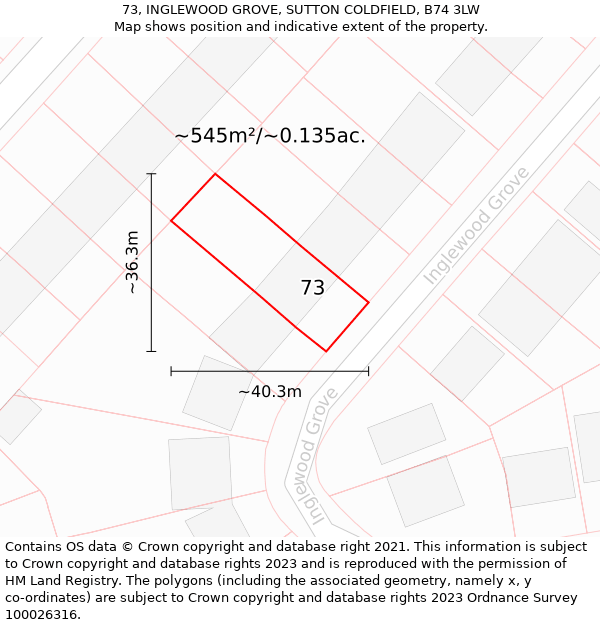 73, INGLEWOOD GROVE, SUTTON COLDFIELD, B74 3LW: Plot and title map