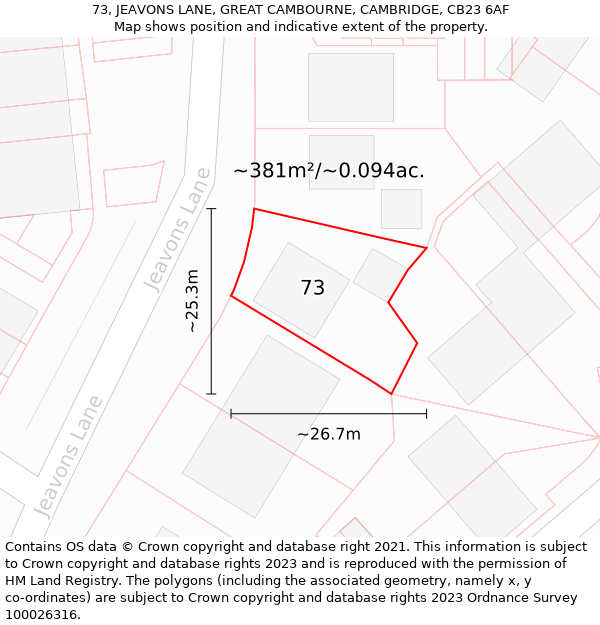 73, JEAVONS LANE, GREAT CAMBOURNE, CAMBRIDGE, CB23 6AF: Plot and title map