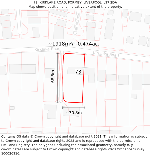 73, KIRKLAKE ROAD, FORMBY, LIVERPOOL, L37 2DA: Plot and title map