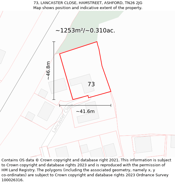 73, LANCASTER CLOSE, HAMSTREET, ASHFORD, TN26 2JG: Plot and title map