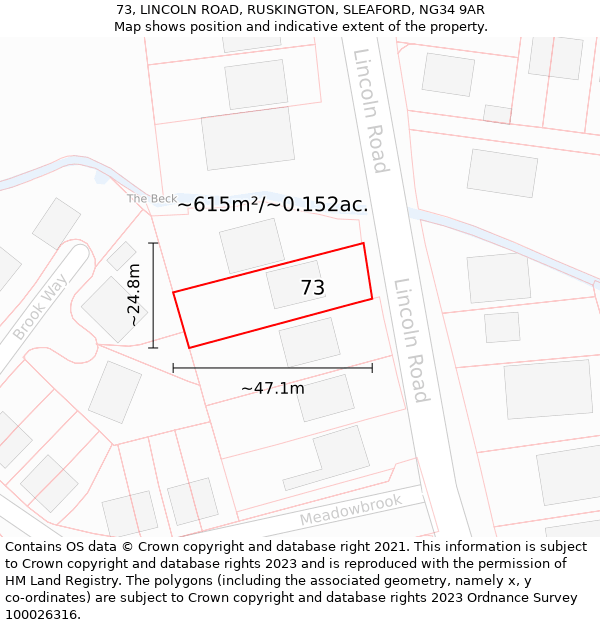 73, LINCOLN ROAD, RUSKINGTON, SLEAFORD, NG34 9AR: Plot and title map