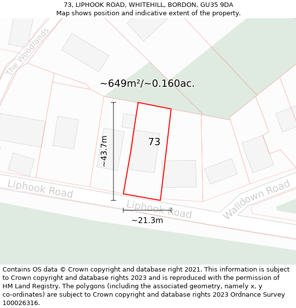 73, LIPHOOK ROAD, WHITEHILL, BORDON, GU35 9DA: Plot and title map