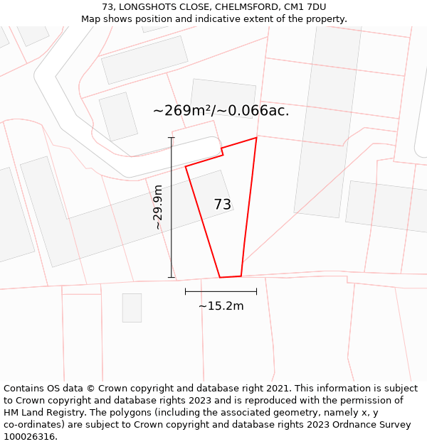 73, LONGSHOTS CLOSE, CHELMSFORD, CM1 7DU: Plot and title map