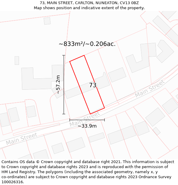 73, MAIN STREET, CARLTON, NUNEATON, CV13 0BZ: Plot and title map