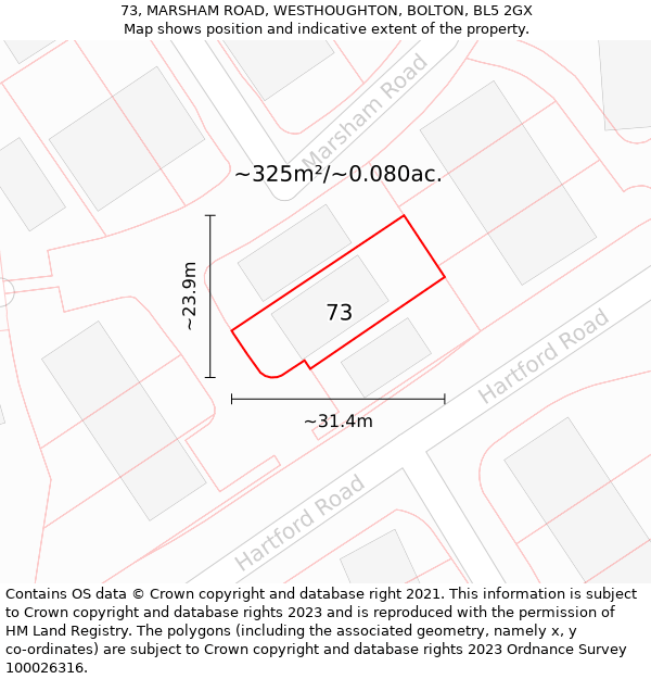 73, MARSHAM ROAD, WESTHOUGHTON, BOLTON, BL5 2GX: Plot and title map