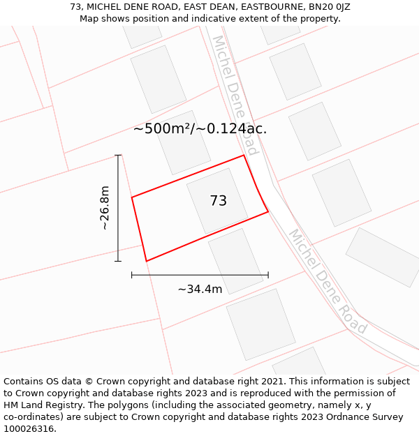 73, MICHEL DENE ROAD, EAST DEAN, EASTBOURNE, BN20 0JZ: Plot and title map