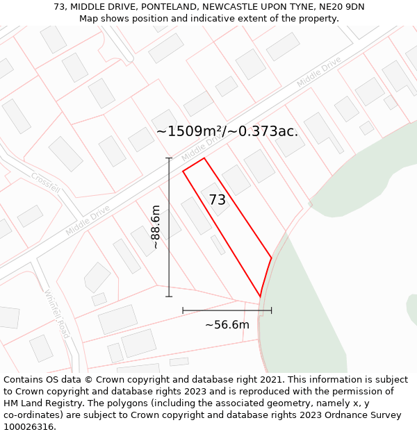 73, MIDDLE DRIVE, PONTELAND, NEWCASTLE UPON TYNE, NE20 9DN: Plot and title map