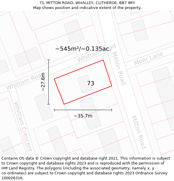 73, MITTON ROAD, WHALLEY, CLITHEROE, BB7 9RY: Plot and title map