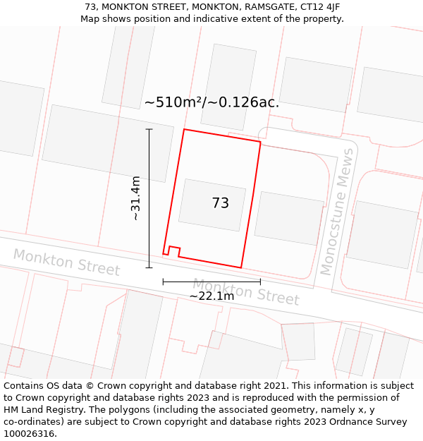 73, MONKTON STREET, MONKTON, RAMSGATE, CT12 4JF: Plot and title map