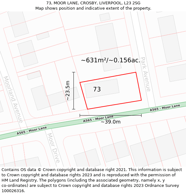 73, MOOR LANE, CROSBY, LIVERPOOL, L23 2SG: Plot and title map