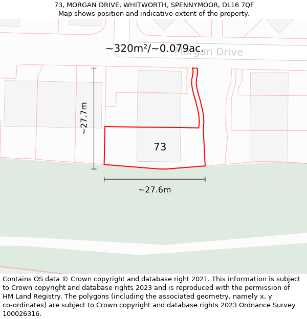 73, MORGAN DRIVE, WHITWORTH, SPENNYMOOR, DL16 7QF: Plot and title map