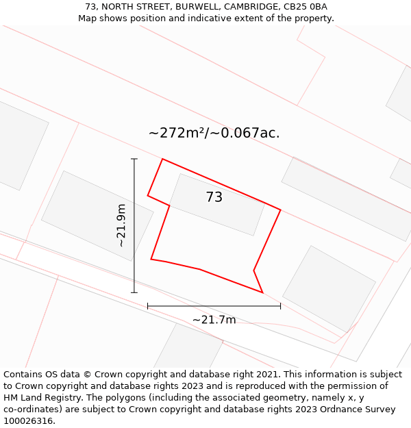 73, NORTH STREET, BURWELL, CAMBRIDGE, CB25 0BA: Plot and title map