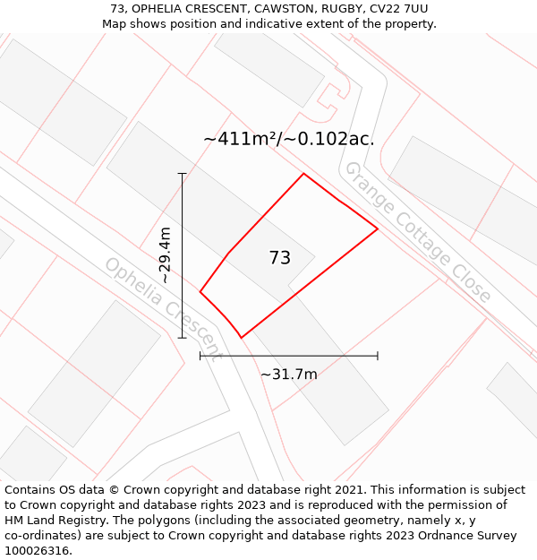 73, OPHELIA CRESCENT, CAWSTON, RUGBY, CV22 7UU: Plot and title map