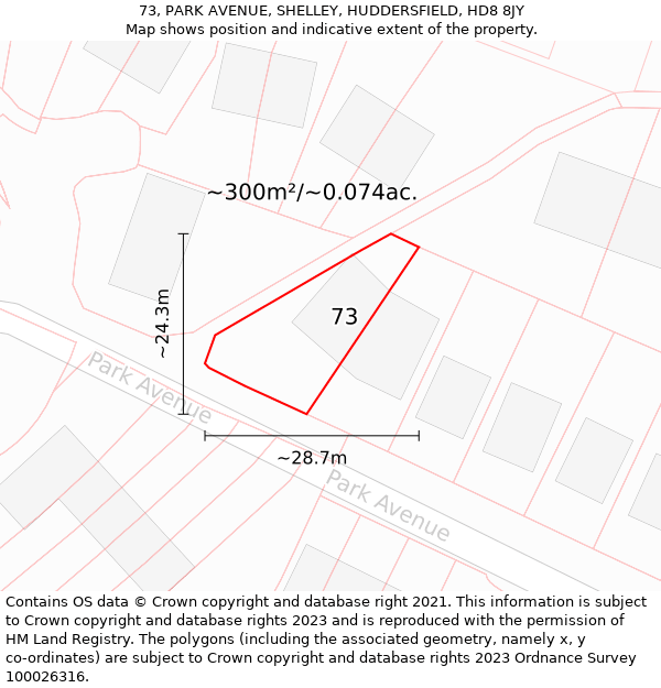 73, PARK AVENUE, SHELLEY, HUDDERSFIELD, HD8 8JY: Plot and title map