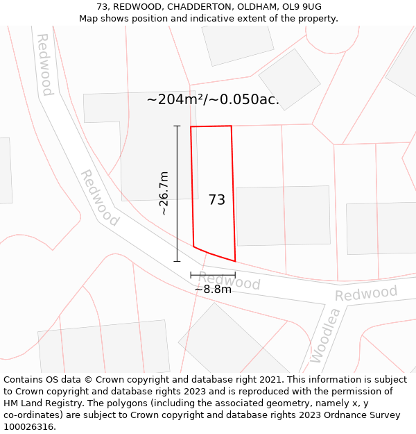 73, REDWOOD, CHADDERTON, OLDHAM, OL9 9UG: Plot and title map