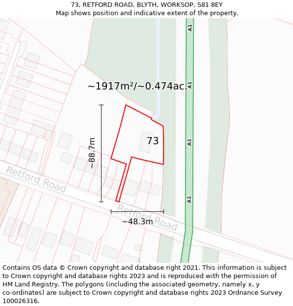 73, RETFORD ROAD, BLYTH, WORKSOP, S81 8EY: Plot and title map