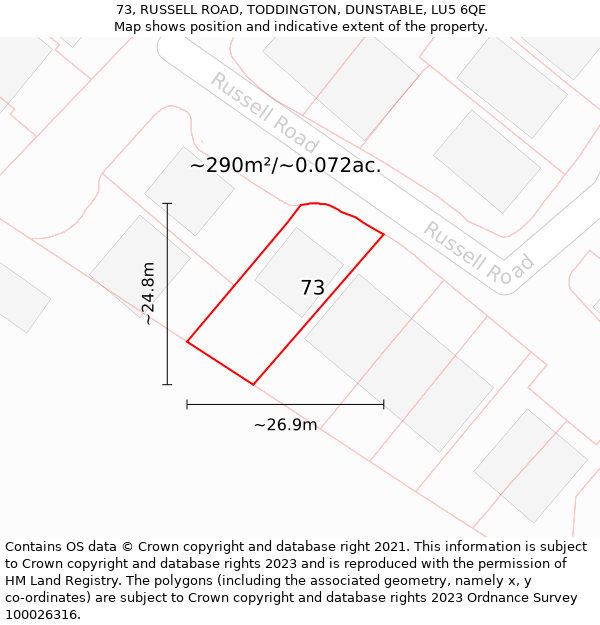 73, RUSSELL ROAD, TODDINGTON, DUNSTABLE, LU5 6QE: Plot and title map