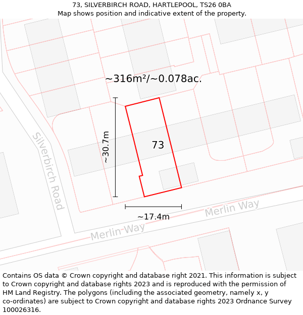 73, SILVERBIRCH ROAD, HARTLEPOOL, TS26 0BA: Plot and title map