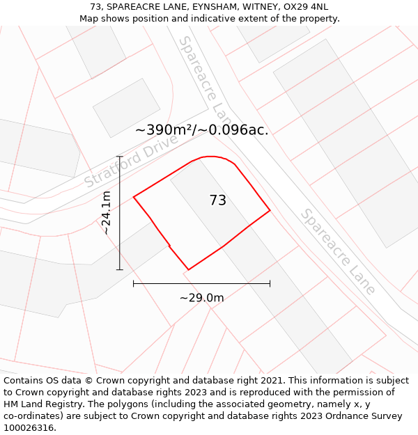 73, SPAREACRE LANE, EYNSHAM, WITNEY, OX29 4NL: Plot and title map