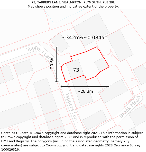 73, TAPPERS LANE, YEALMPTON, PLYMOUTH, PL8 2PL: Plot and title map