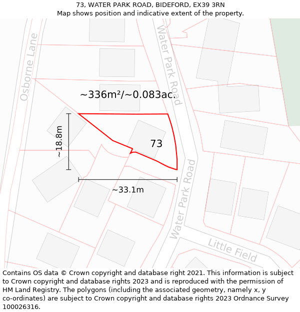 73, WATER PARK ROAD, BIDEFORD, EX39 3RN: Plot and title map