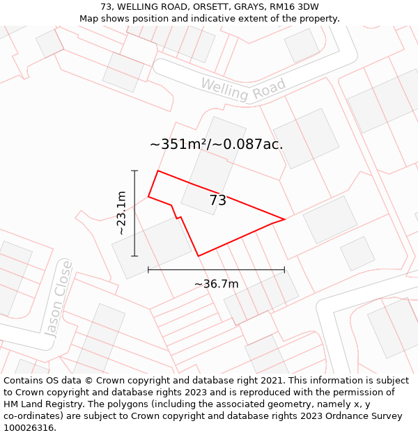 73, WELLING ROAD, ORSETT, GRAYS, RM16 3DW: Plot and title map