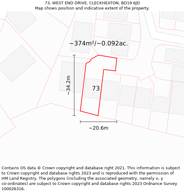 73, WEST END DRIVE, CLECKHEATON, BD19 6JD: Plot and title map