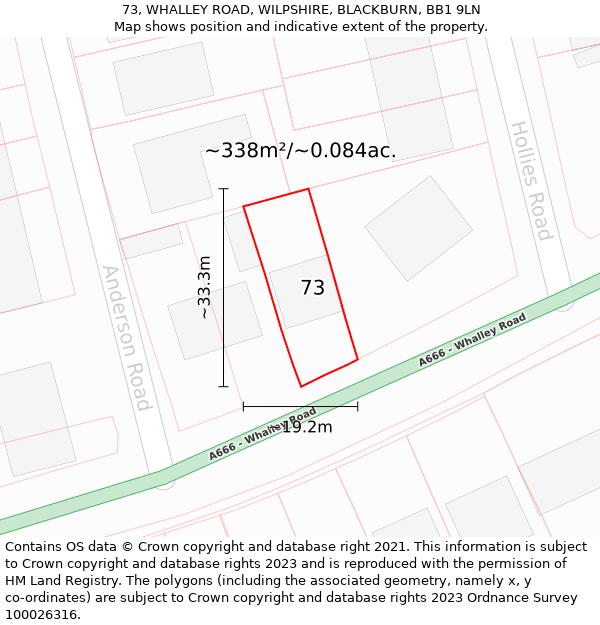 73, WHALLEY ROAD, WILPSHIRE, BLACKBURN, BB1 9LN: Plot and title map