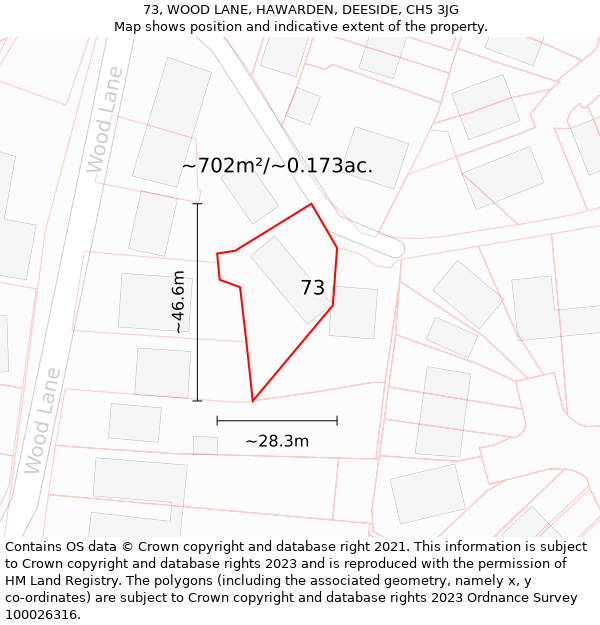 73, WOOD LANE, HAWARDEN, DEESIDE, CH5 3JG: Plot and title map