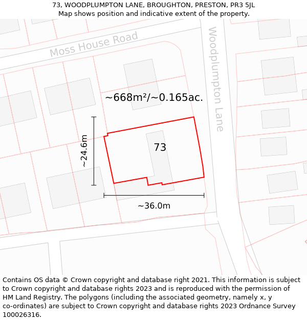 73, WOODPLUMPTON LANE, BROUGHTON, PRESTON, PR3 5JL: Plot and title map