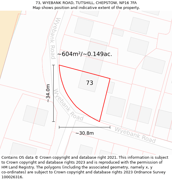 73, WYEBANK ROAD, TUTSHILL, CHEPSTOW, NP16 7FA: Plot and title map