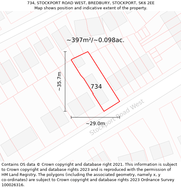 734, STOCKPORT ROAD WEST, BREDBURY, STOCKPORT, SK6 2EE: Plot and title map