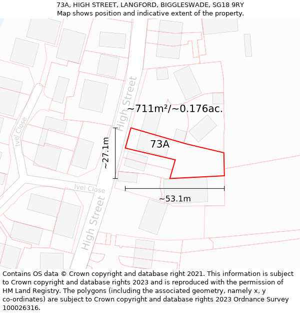 73A, HIGH STREET, LANGFORD, BIGGLESWADE, SG18 9RY: Plot and title map