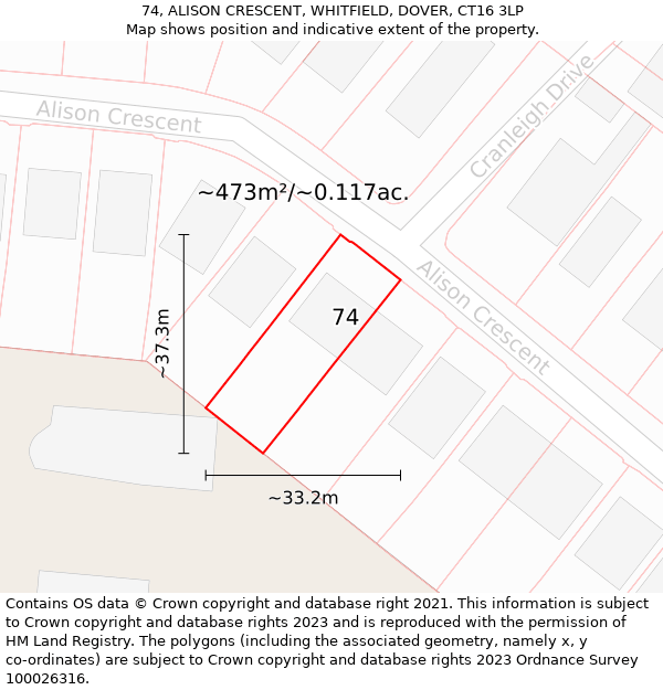 74, ALISON CRESCENT, WHITFIELD, DOVER, CT16 3LP: Plot and title map