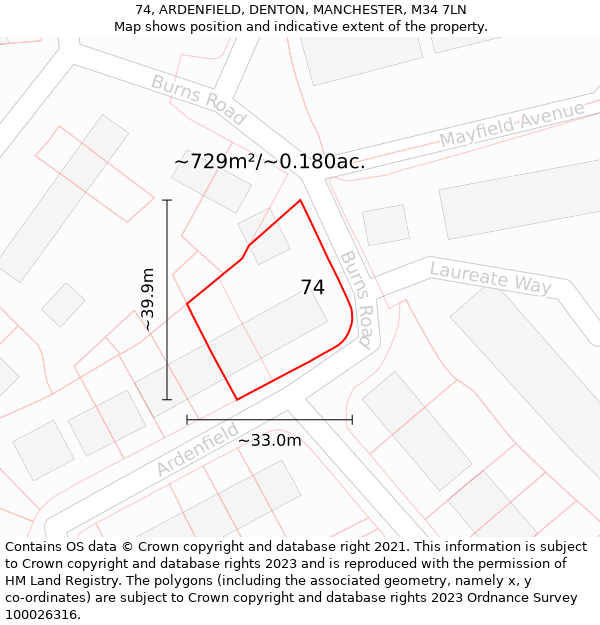 74, ARDENFIELD, DENTON, MANCHESTER, M34 7LN: Plot and title map