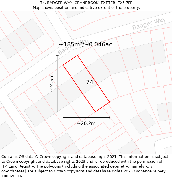 74, BADGER WAY, CRANBROOK, EXETER, EX5 7FP: Plot and title map