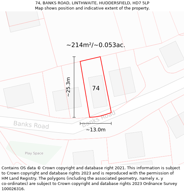 74, BANKS ROAD, LINTHWAITE, HUDDERSFIELD, HD7 5LP: Plot and title map